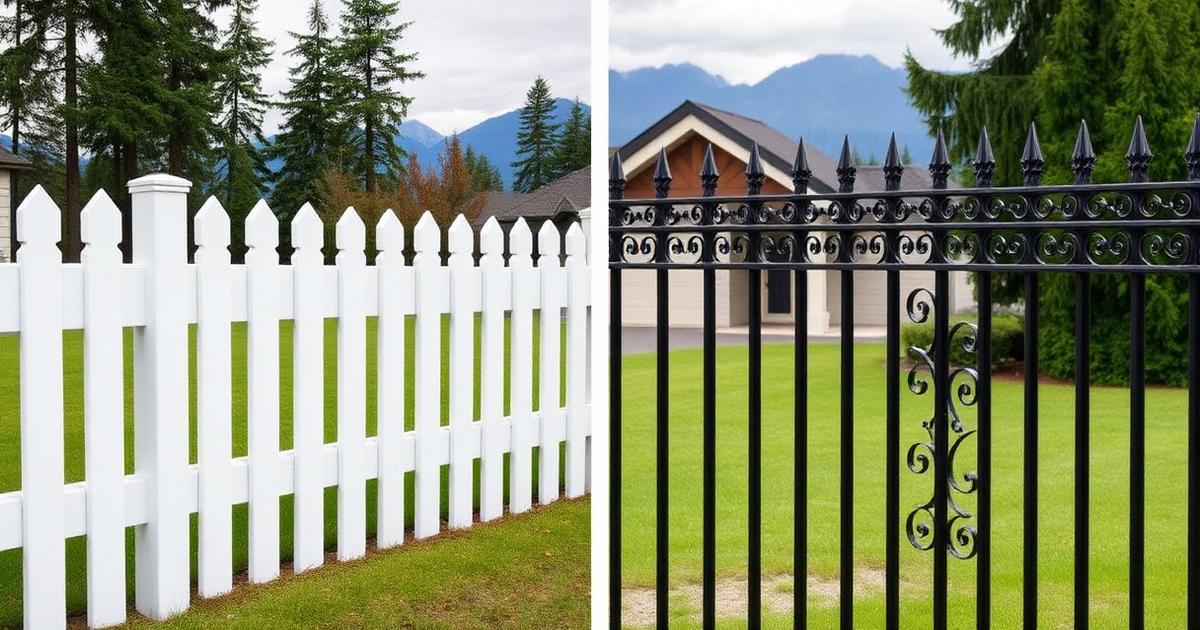 Aluminum picket fence next to a powder-coated ornamental steel fence in a Fraser Valley yard.